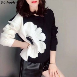 Woherb koreański mody nowe bluzy kobiety O Neck z długim rękawem kontrast kolorowa bluza dorywczo luźne bluzki damskie swetry 90