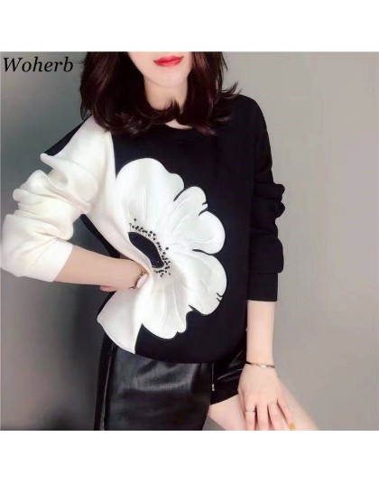 Woherb koreański mody nowe bluzy kobiety O Neck z długim rękawem kontrast kolorowa bluza dorywczo luźne bluzki damskie swetry 90