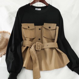 Gagarich kobiety bluzy nowy koreański, jesienny zima modny, z kieszeniami koszula kobiet imitacja dwuczęściowej body pas cienkie