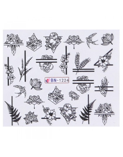 1 sztuk kwiat suwak naklejka do paznokci Transfer wody czarny kwiatowy liść naklejki Nail Art manicure z efektem tatuażu okłady 