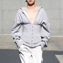 TWOTWINSTYLE bluzy na wiosnę dla kobiet bluzy z długim rękawem V wysoki dekolt talia dopasowana bluza topy kobieta moda nowy 202