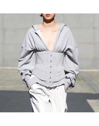 TWOTWINSTYLE bluzy na wiosnę dla kobiet bluzy z długim rękawem V wysoki dekolt talia dopasowana bluza topy kobieta moda nowy 202