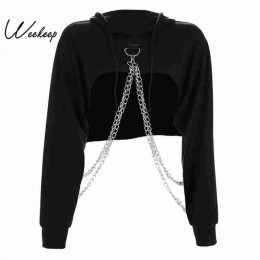 Weekeep czarny przycięte bluza z kapturem kobiety luźny łańcuch Patchwork pulower z kapturem moda Streetwear potu Femme bluzy z 