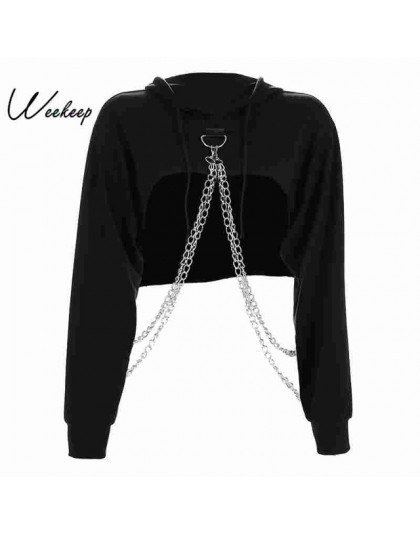 Weekeep czarny przycięte bluza z kapturem kobiety luźny łańcuch Patchwork pulower z kapturem moda Streetwear potu Femme bluzy z 