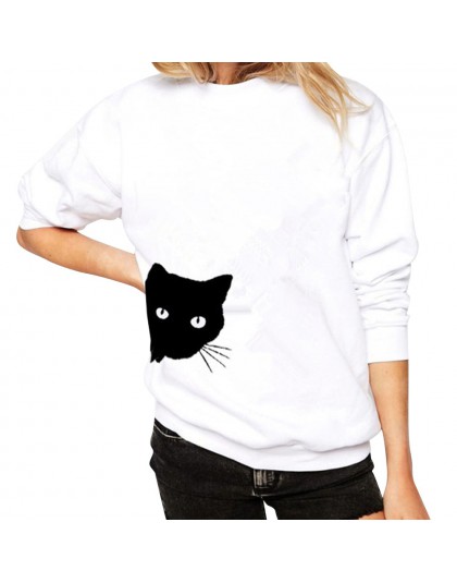 JAYCOSIN Fashion Women Casual prosty nadruk kota luźna bluza z długim rękawem wygodna miękka bluza bluzki bluzki