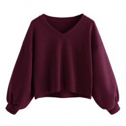 Jaycosin Fashion Women jednokolorowa na co dzień, dekolt w serek, latarnia, rękaw, bluza, Casual, fajna, szykowna, nowa bluza z 