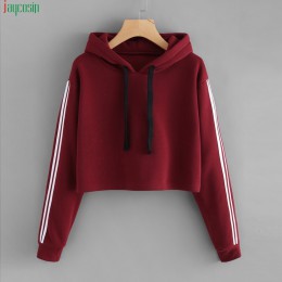 JAYCOSIN fashion krótka bluza damska w paski długie rękawy bluza z kapturem sweter z kapturem bluzy z kapturem dla kobiet