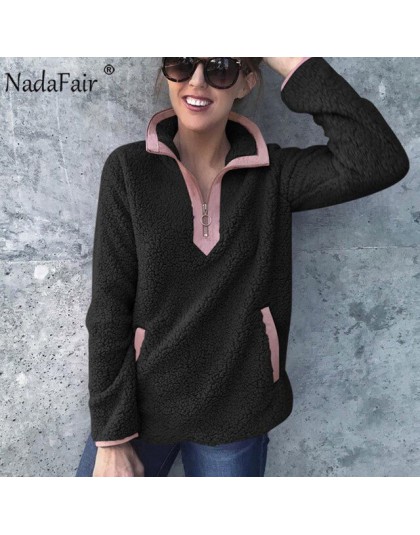 Nadafair Casual ponadgabarytowa puszysta bluza z kapturem damska świąteczna zapinana na zamek Faux zimowa bluza polarowa z kaptu