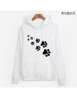 Biały różowy marka dresy femme Casual 2019 kawaii kot łapy bluzy z kapturem z nadrukami dla kobiet polar jesień zima bluza swetr