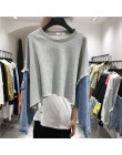 [EWQ] 2020 wiosna lato nowy wzór okrągły kołnierz z długim rękawem Denim patchworkowe swetry Streetwear bluza kobiety AH61206