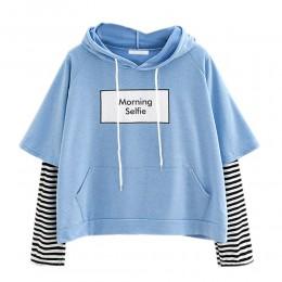 Bluzy rano selfie moletom kobiety paski patchworkowe bluzy z kapturem bluzy z przednia kieszeń krótki top bluza I28T Drop Shippi