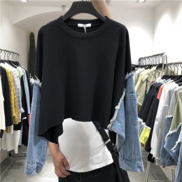[EWQ] 2020 wiosna lato nowy wzór okrągły kołnierz z długim rękawem Denim patchworkowe swetry Streetwear bluza kobiety AH61206