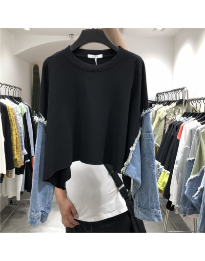 [EWQ] 2020 wiosna lato nowy wzór okrągły kołnierz z długim rękawem Denim patchworkowe swetry Streetwear bluza kobiety AH61206