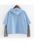 Bluzy rano selfie moletom kobiety paski patchworkowe bluzy z kapturem bluzy z przednia kieszeń krótki top bluza I28T Drop Shippi