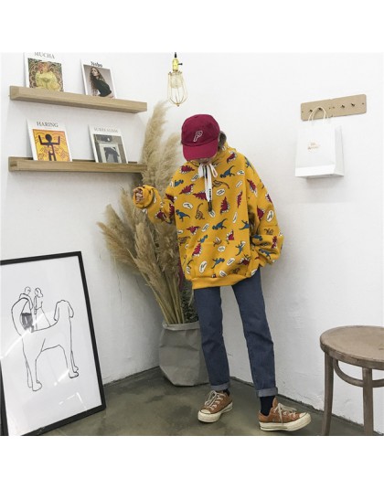 2018 nowy zimowy koreański styl preppy dinozaur nadruk kreskówkowy śliczne duże podwórko wypoczynek kreskówka luźne swetry bluza