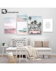 Ocean płótno z krajobrazem plakat styl skandynawski plaża różowy autobus Wall Art obraz z nadrukiem obraz do dekoracji skandynaw