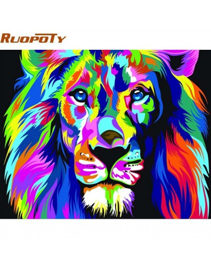 RUOPOTY obraz w ramie kolorowy lew zwierzęta ręcznie malowany obrazek według numerów zestaw płótno według numerów do wystroju do