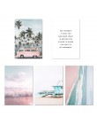 Ocean płótno z krajobrazem plakat styl skandynawski plaża różowy autobus Wall Art obraz z nadrukiem obraz do dekoracji skandynaw