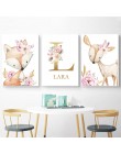 Woodland nadruk zwierzęta przedszkole płótno malarstwo nazwa własna Wall Art różowe kwiaty plakat Nordic Wall zdjęcia Baby Girl 
