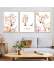 Woodland nadruk zwierzęta przedszkole płótno malarstwo nazwa własna Wall Art różowe kwiaty plakat Nordic Wall zdjęcia Baby Girl 