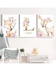 Woodland nadruk zwierzęta przedszkole płótno malarstwo nazwa własna Wall Art różowe kwiaty plakat Nordic Wall zdjęcia Baby Girl 