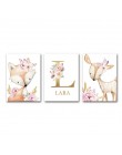 Woodland nadruk zwierzęta przedszkole płótno malarstwo nazwa własna Wall Art różowe kwiaty plakat Nordic Wall zdjęcia Baby Girl 