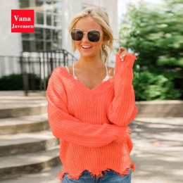 Vana Javeasen Off The Shoulder jesień sweter dla kobiet Fringe Distressed dzianiny bluzki damskie swetry z długim rękawem swetry