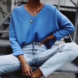 WOTWOY 2020 jesienno-zimowa niebieska dzianinowe swetry damskie z długim rękawem V-neck swetry kaszmirowe damskie Casual koreańs