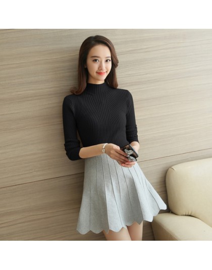 Moda solidny biały i czarne bluzki swetry 2019 zima z długim rękawem swetry z golfem damskie swetry odzież Femme 5218 50
