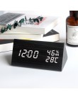 LED budzik drewniany stół sterowanie głosem zegar cyfrowy wyświetlacz wilgotności temperatury drewno Despertador zegary stołowe 