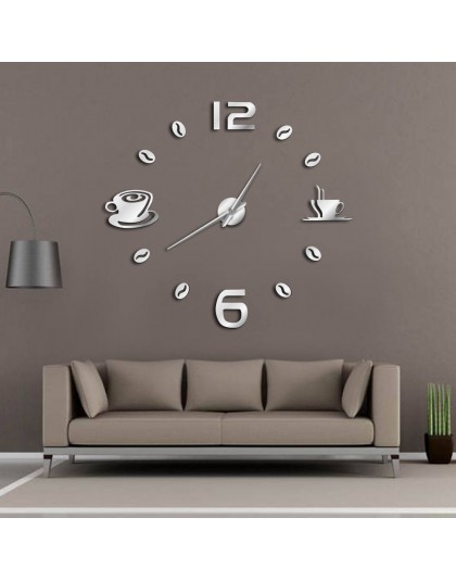 Cafe DIY duży zegar ścienny bezramowa gigantyczny zegar ścienny nowoczesny Design kawiarnia kubek kawy fasola dekoracje ścienne 