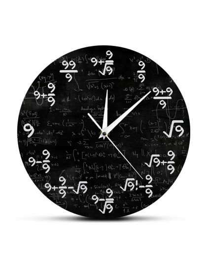 Nowoczesny awangardowy zegar ścienny z matematycznymi oznaczeniami w miejscach godzin czarny