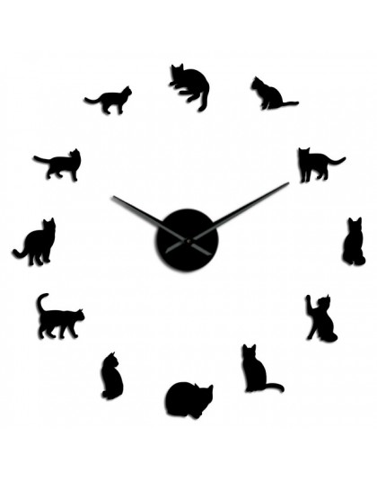 Sylwetka koty Wall Art kocięta DIY Giant zegar ścienny figlarny koty duża igła Kitty dziewczyna pokój duży zegar ścienny felino 