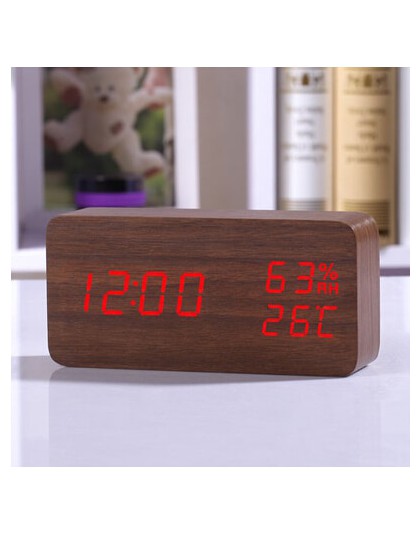 Drewniany zegar budzik z ledowym wyświetlaczem cyfrowy podświetlany kolorowy nowoczesny skandynawski