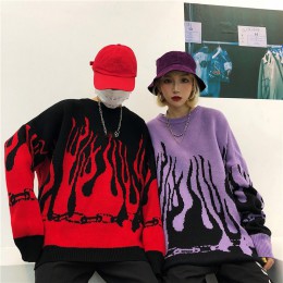 Jesień zima Harajuku płomień Knitting sweter z rękawem nietoperzowym Casual długi kobiety fala drukowane sweter luźne swetry chł