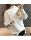 Wysokiej jakości kobiety moda 2018 sweter z golfem kobiety top kobieta z długim rękawem ciepłe swetry haftowane dziergany sweter