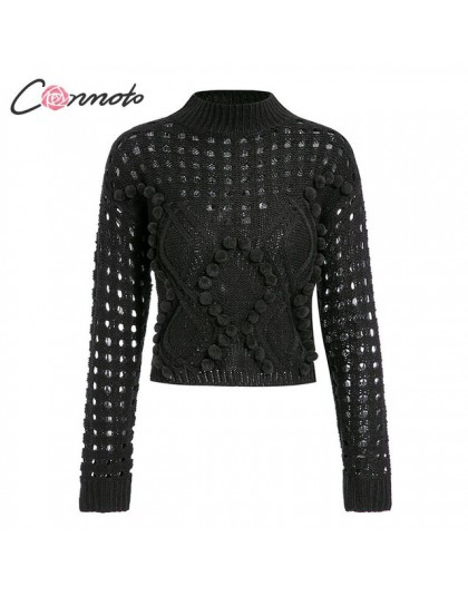 Conmoto Fashion białe swetry z wycięciami damskie 2019 jesienno-zimowa w stylu casual, cienka krótka bluzki z dzianiny damskie e