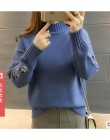 Wysokiej jakości kobiety moda 2018 sweter z golfem kobiety top kobieta z długim rękawem ciepłe swetry haftowane dziergany sweter
