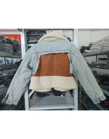DEAT 2019 zima owcze futro skręcić w dół kołnierz pełne rękawy denim niebieski patchwork łączone ubrania drukowany napis płaszcz
