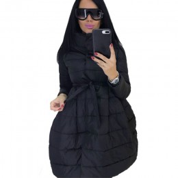 Płaszcz zimowy kobiety spódnica Parka moda Bowknot talia średni długi stojak kołnierz bawełny wyściełane ciepłe kurtki Chaqueta 