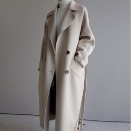 Zimowa beżowa elegancka mieszanka wełny kobiety koreański moda czarne długie kurtki Vintage minimalistyczny wełniany płaszcz wie