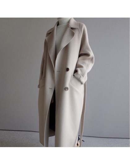 Zimowa beżowa elegancka mieszanka wełny kobiety koreański moda czarne długie kurtki Vintage minimalistyczny wełniany płaszcz wie