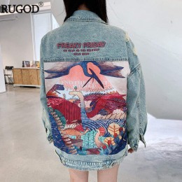 RUGOD 2019 nowa jesienna zabawna nadruk kreskówkowy długa kurtka dżinsowa kobiety w stylu Vintage Streetwear Punk Style kurtka d
