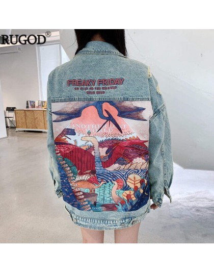 RUGOD 2019 nowa jesienna zabawna nadruk kreskówkowy długa kurtka dżinsowa kobiety w stylu Vintage Streetwear Punk Style kurtka d