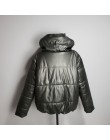 Faux płaszcz skórzany zimowa kurtka z kapturem kobiety bawełny wyściełane parki Zipper grubsza ciepła pikowana kurtka europejska