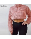 Hugcitar 2019 z długim rękawem zipper patchworkowe kieszenie Faux lambswool krótkie bluzki jesień zima kobiety streetwear trwały