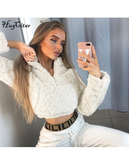 Hugcitar 2019 z długim rękawem zipper patchworkowe kieszenie Faux lambswool krótkie bluzki jesień zima kobiety streetwear trwały