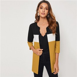SHEIN Colorblock okrągłym wycięciem pod szyją i szyć otwarte przodu podstawowe płaszcz kobiet 2019 jesień 3/4 długość z długim r
