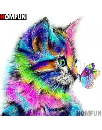 HOMFUN pełna plac/okrągłe wiertło 5D DIY diament malarstwo "kot motyl" 3D haft Cross Stitch 5D wystrój domu prezent A13636