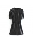 Aachoae Faux skórzana sukienka kobiety Sexy klub bufiasty krótki rękaw Bodycon Party dress Vintage plisowana tunika czarna sukie
